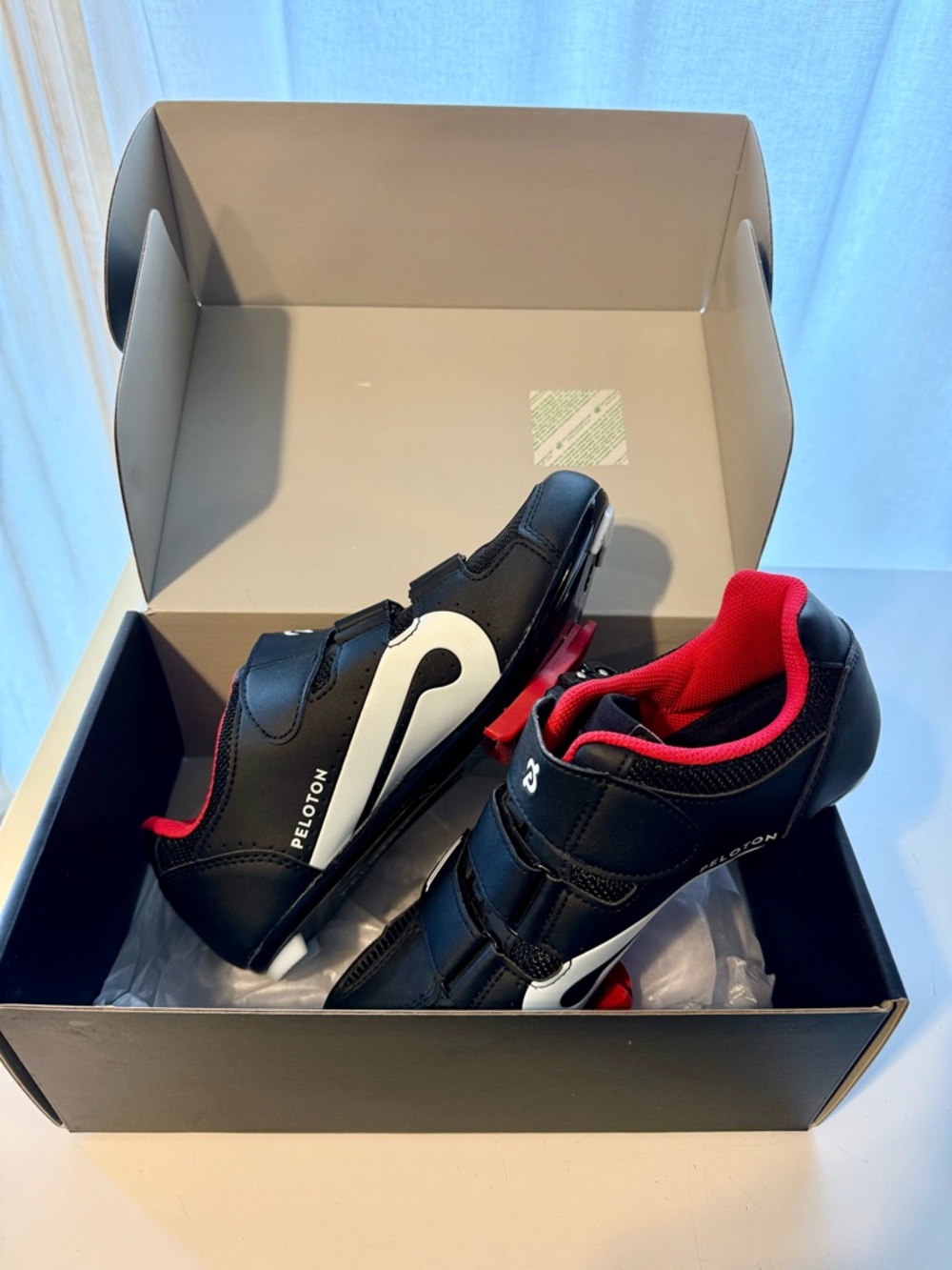 Peloton Black Cycling Shoes with Red Lining and White Accents